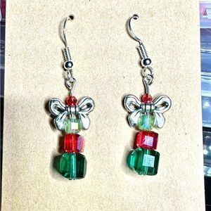 Hand Crafted Silver Bow Earrings with Red and Green Crystal Beads